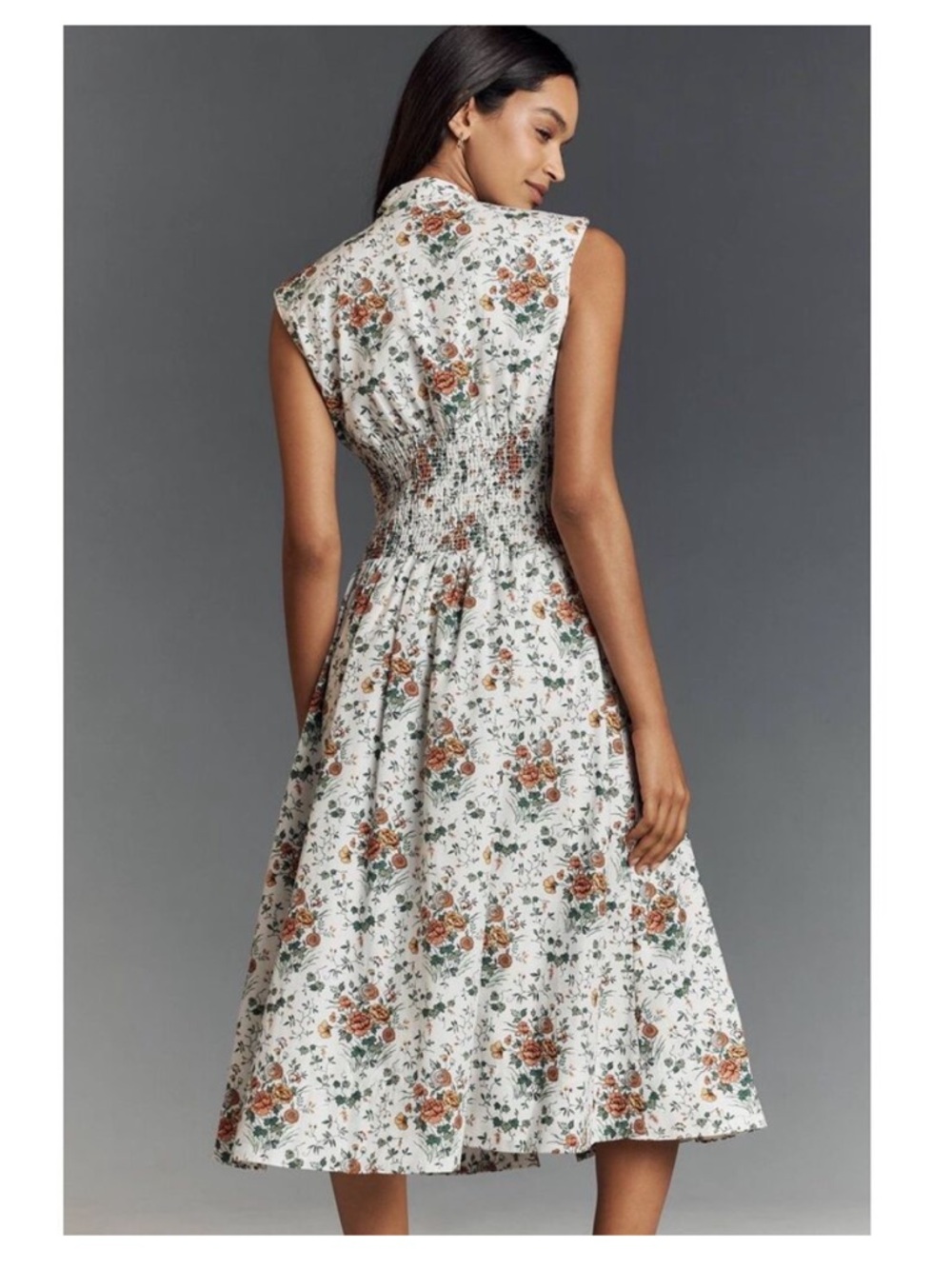 Anthropologie The Tommie cap sleeve smocked front zip floral midi - Picture 3 of 14